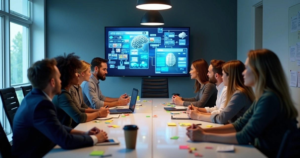 Equipe de negócios e TI planejando projeto de IA juntos 