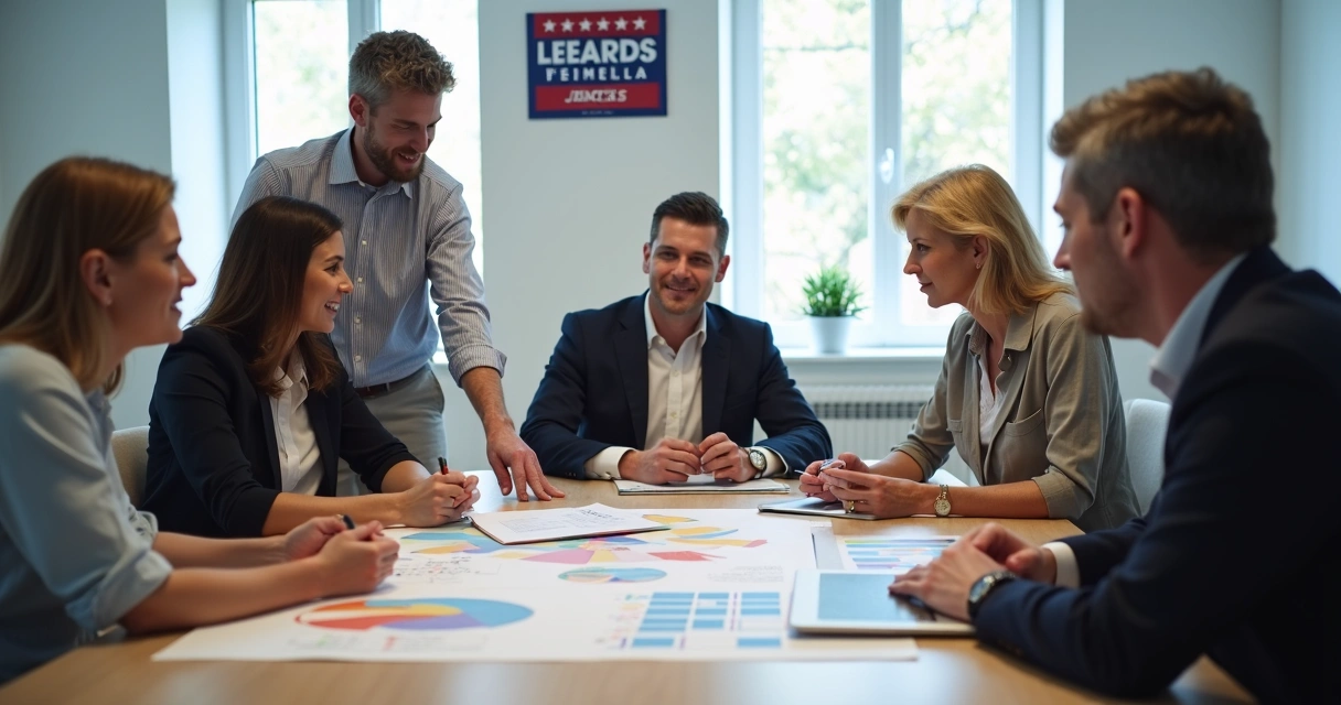 Equipe reunida em sala discutindo papeis e gráficos de campanha. 