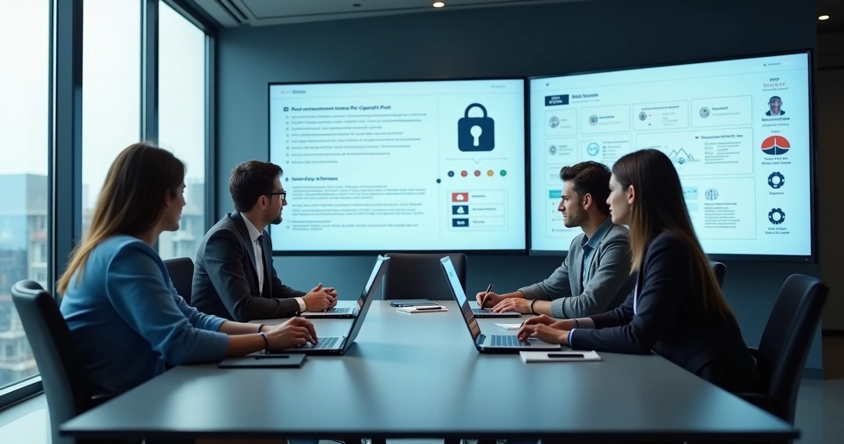 Equipe avaliando plataforma de site em escritório corporativo 