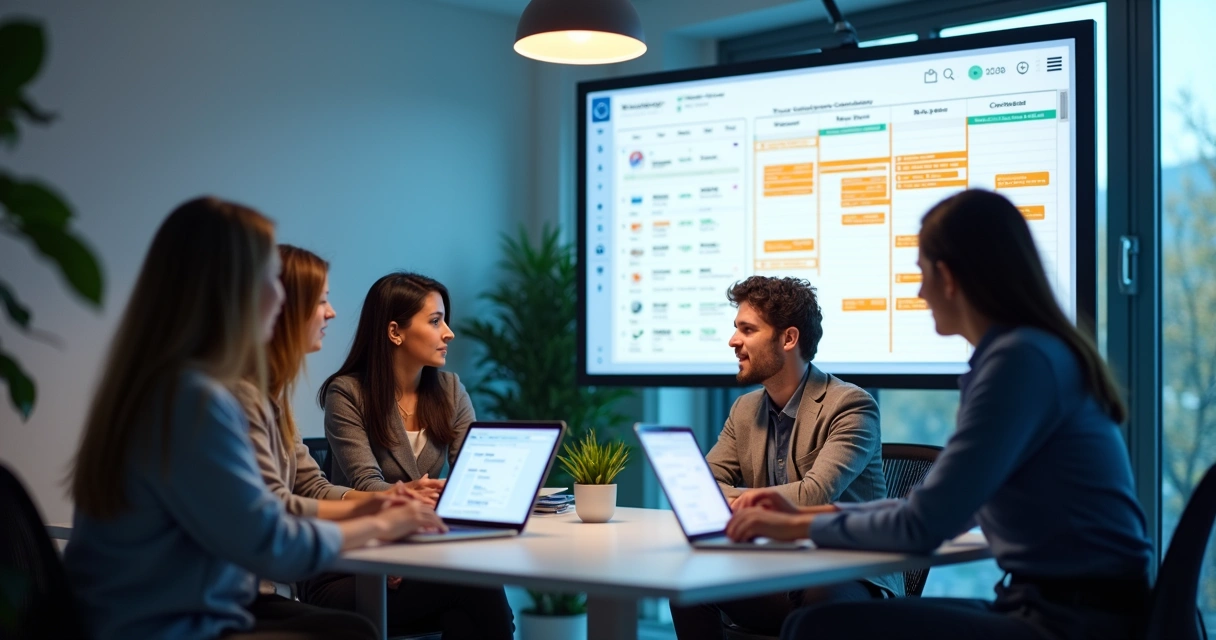 Equipe analisando planejamento de vendas em painel digital 