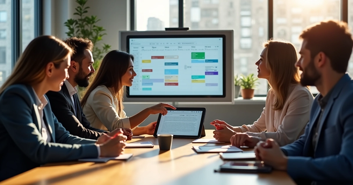 Equipe de vendas reunida em torno de uma mesa analisando uma agenda digital compartilhada 