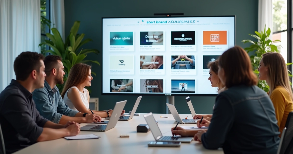 Equipe revisando padrões visuais de marca para vídeos curtos 
