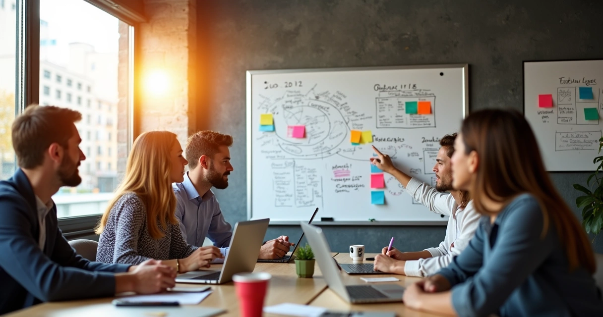 Equipe reunida em sala moderna analisando quadro branco com estratégias de campanha. 