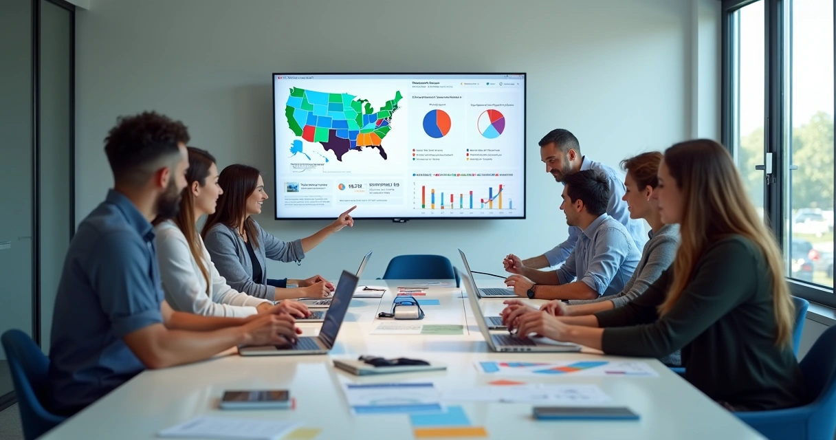 Equipe de campanha eleitoral planejando ações digitais em mesa com computador e gráficos 