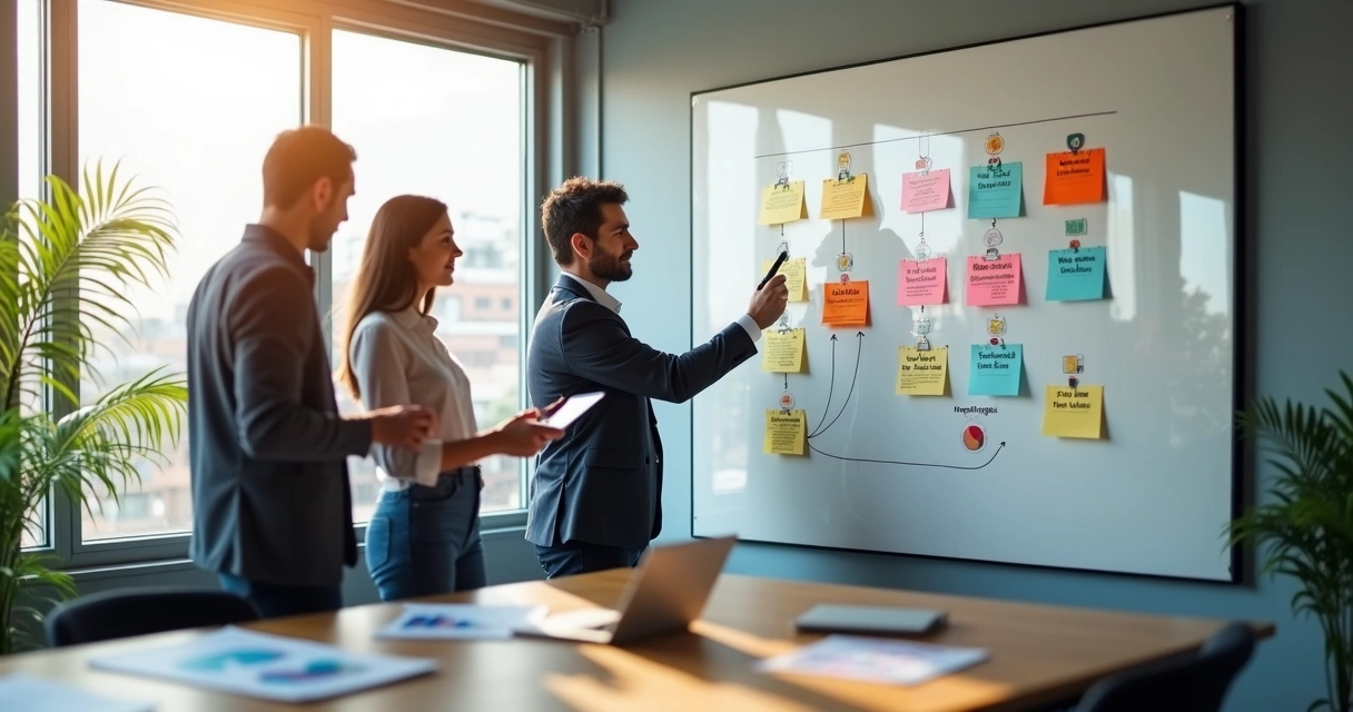 Equipe planejando contas a receber em quadro kanban colorido em sala de reunião moderna 