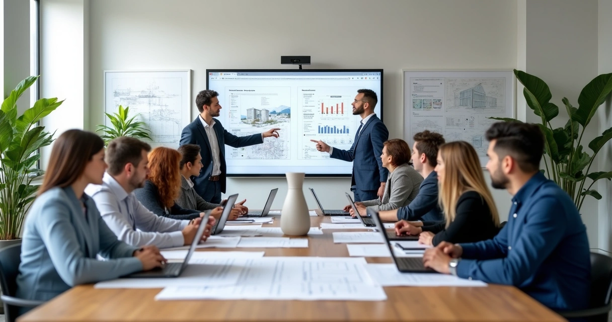 Equipe planejando estratégia digital em escritório de arquitetura 