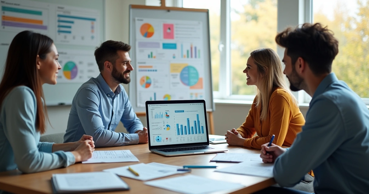 Equipe pequena reunida analisando gráficos financeiros em tela de notebook