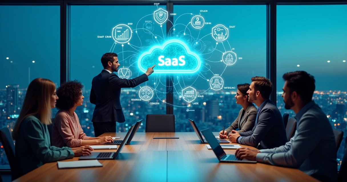 Equipe de negócios e tecnologia planejando estratégia SaaS em painel com nuvem e gráficos 