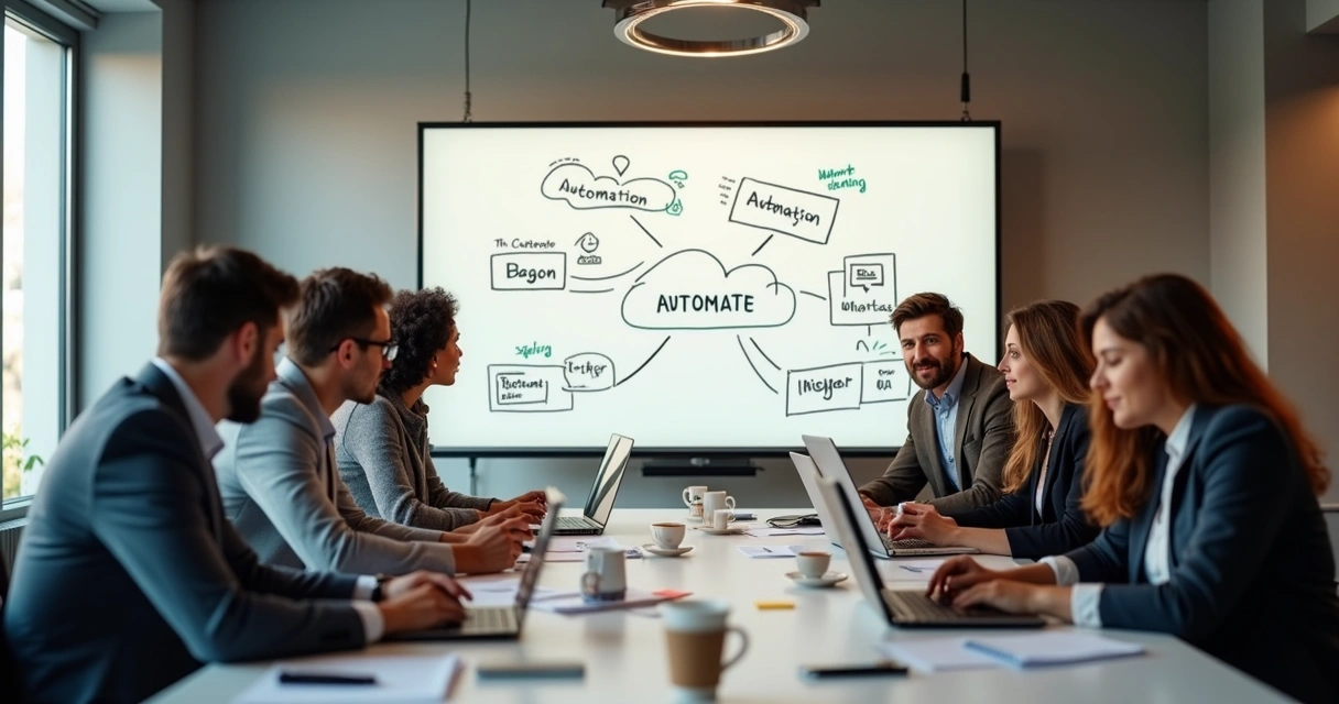 Equipe reunida planejando automação de mensagens em quadro branco 