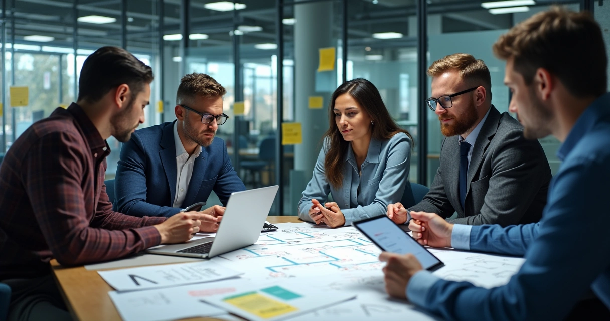 Equipe revisando mapas de processos industriais em volta de uma mesa 