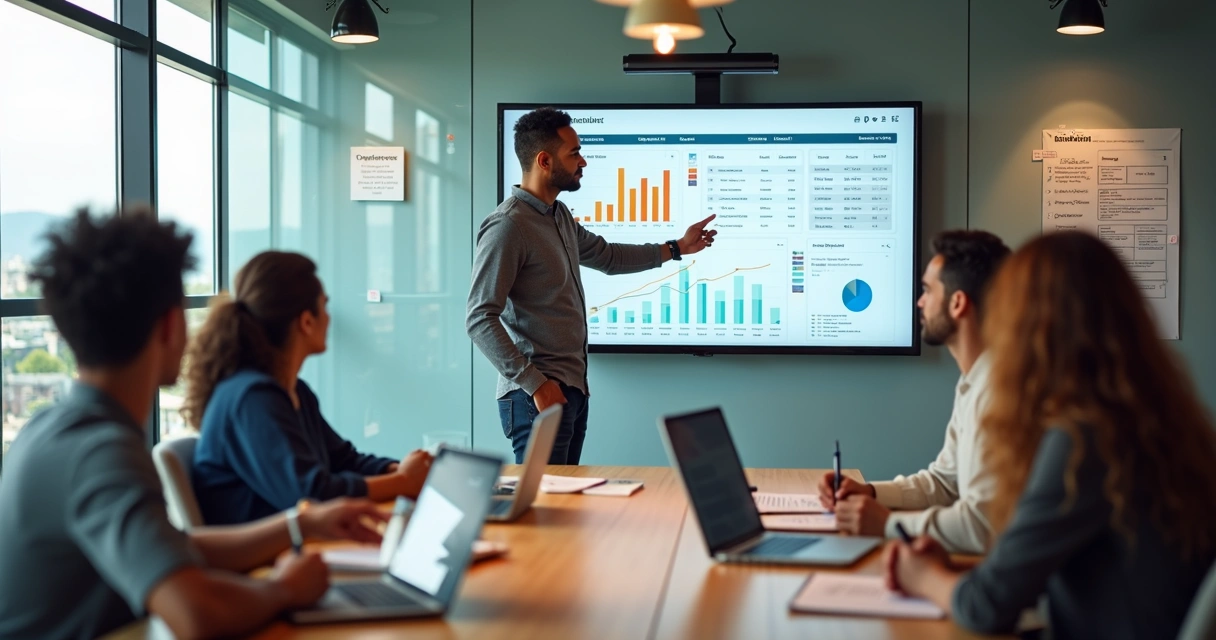 Sales team in a strategic meeting analyzing a CRM dashboard projected on the wall