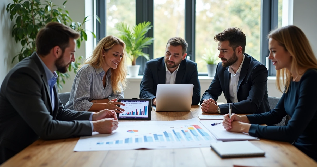 Equipe reunida planejando lançamento de e-commerce 