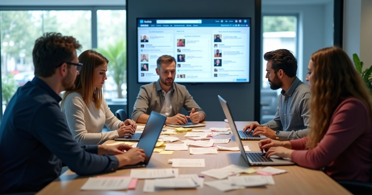 Equipe trabalhando juntas criando modelos de mensagens para LinkedIn