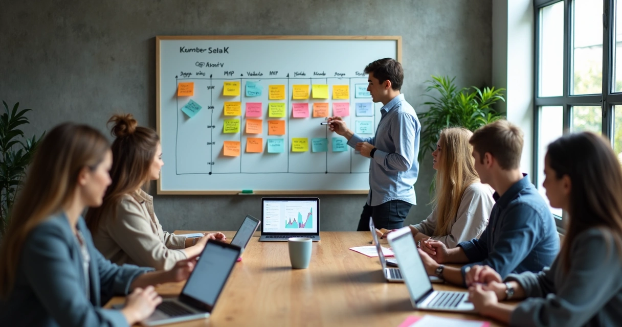 Equipe de produto analisando quadro kanban de MVP em sala de reunião moderna 