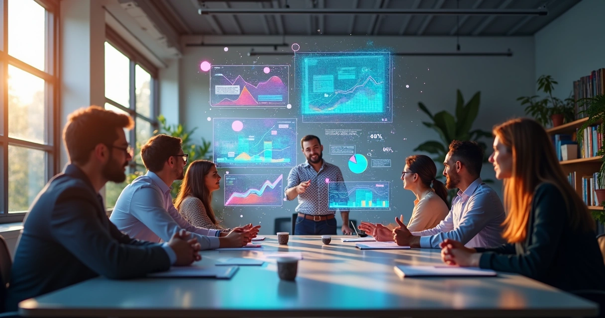 Equipe reunida em sala moderna discutindo metas e estratégias com gráficos em telas digitais 
