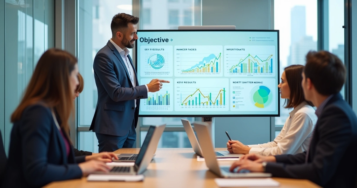 Equipe de negócios analisando painel com metas e gráficos de OKRs em sala de reunião moderna 