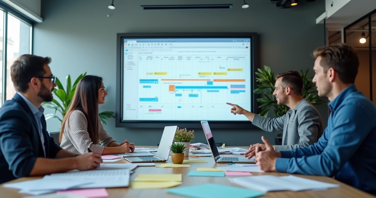 Equipe reunida planejando cronograma do projeto 