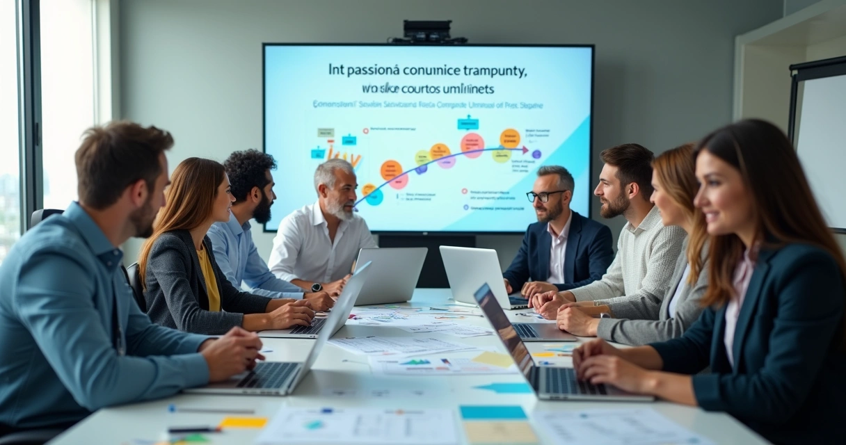 Equipe em sala de reunião analisando gráficos e planejamento de treinamento