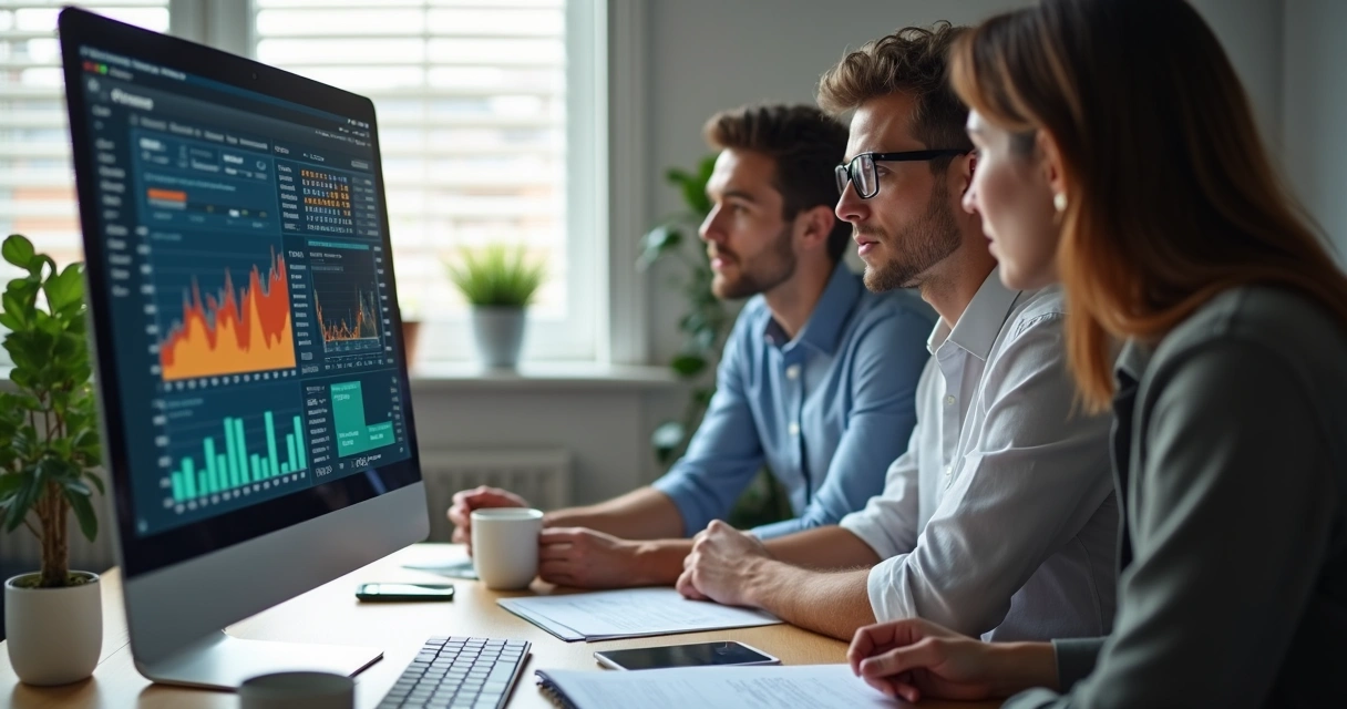 Equipe de pequenas empresas analisando dados financeiros em tela de computador 