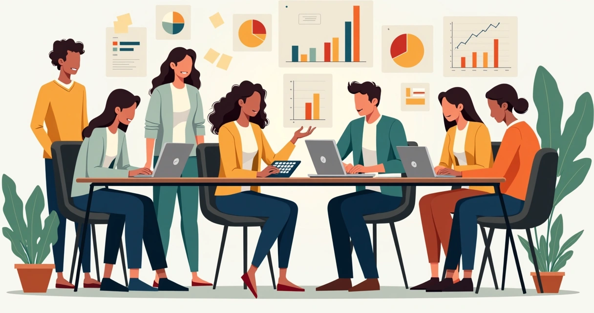 Equipe de pequena empresa reunida analisando planilhas de margem de contribuição 