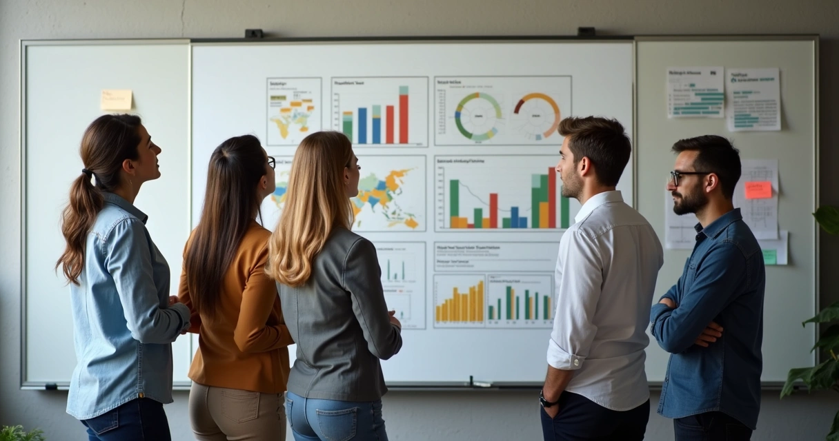 Equipe pequena em PME analisando produtividade em um quadro branco