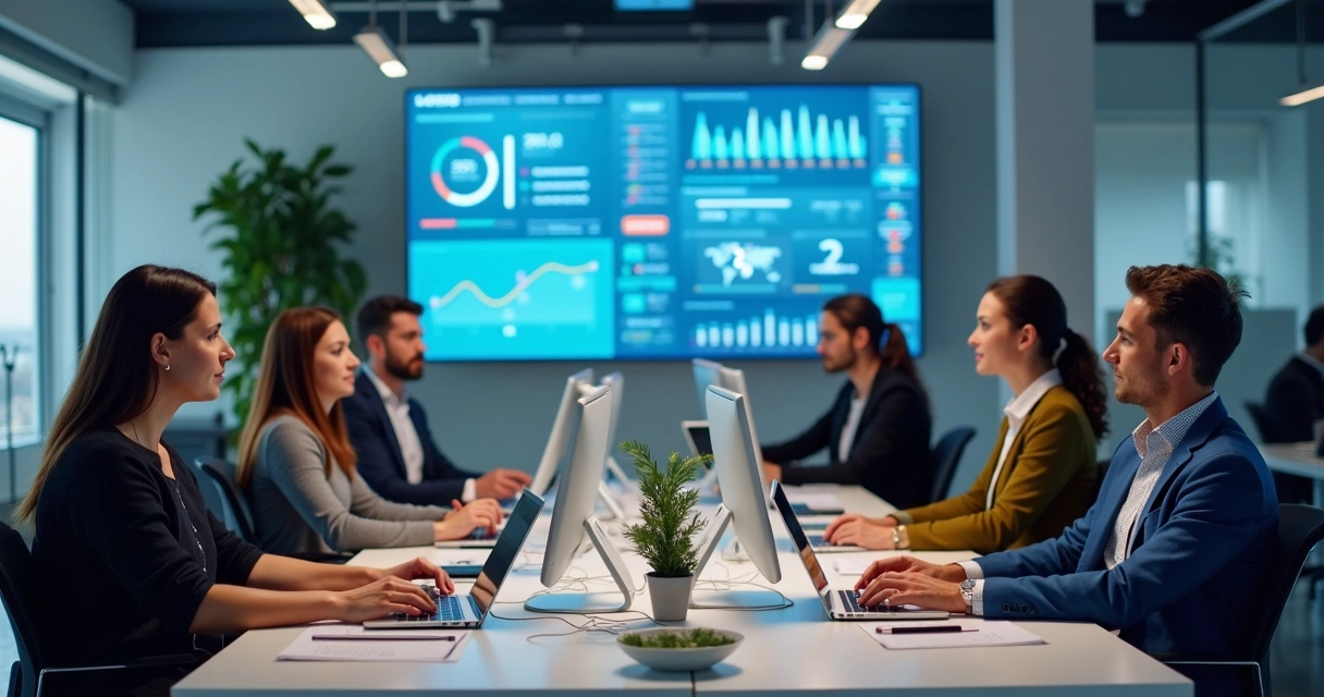 Equipe de PME com computadores usando IA para automação de tarefas