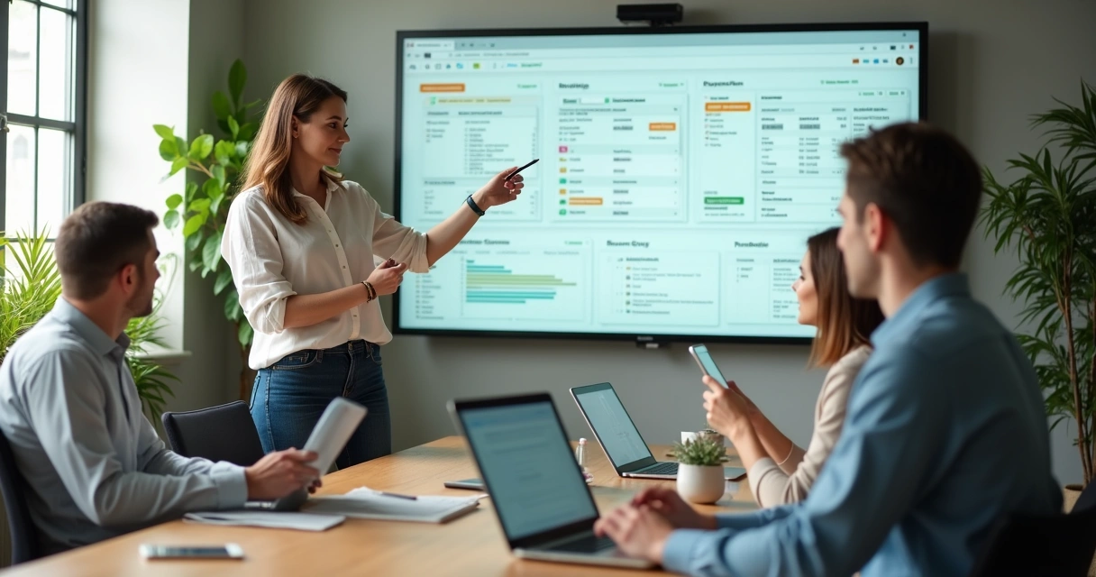 Equipe de pequena empresa ajustando cobranças pelo WhatsApp em painel com gráficos 