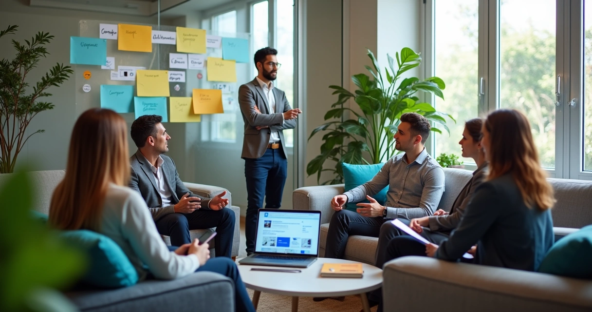 Equipe de PME conversando em lounge moderno do escritório 