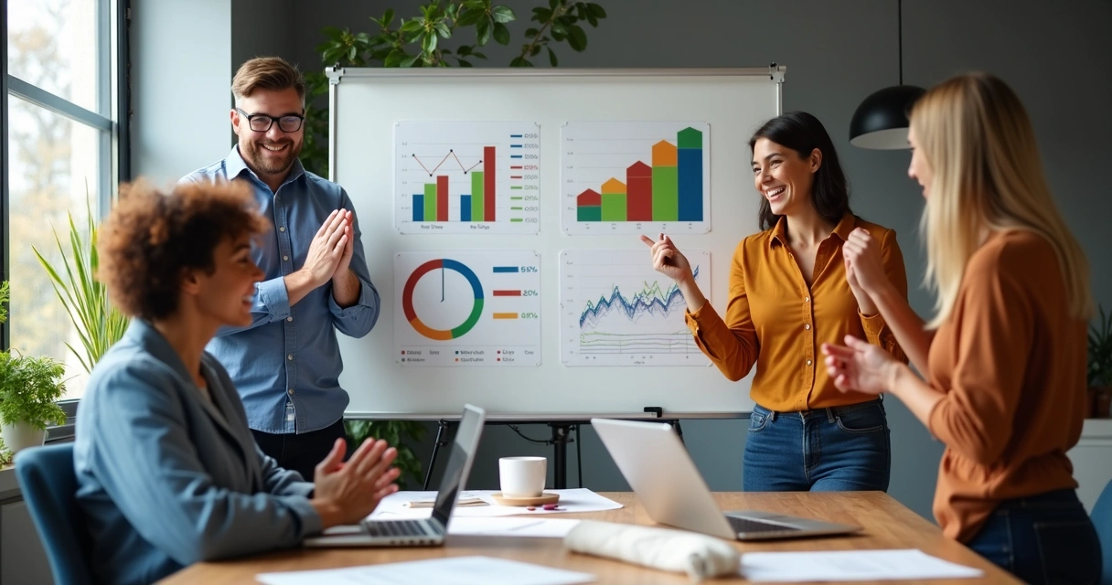 Equipe celebrando conquista em pequena empresa, sorridente ao redor de quadro de resultados 
