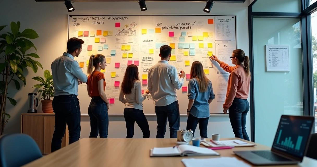 Time de PME reorganizando mural colorido com ideias e foco em execução 