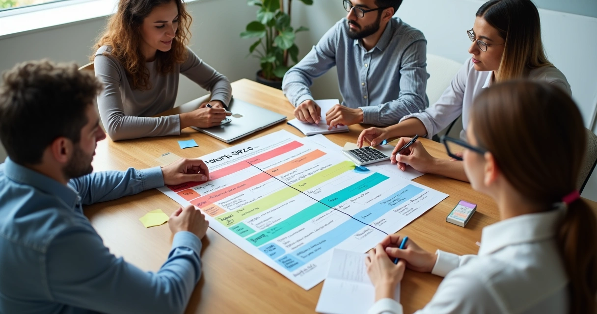 Equipe de PME preenchendo matriz 5W2H colorida sobre a mesa 