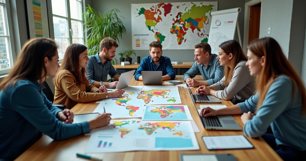 Equipe de PME reunida, planejando expansão internacional, com mapas e gráficos na mesa 