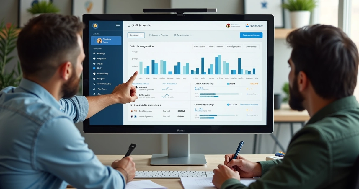 Pequena equipe analisando resultados de vendas no CRM 