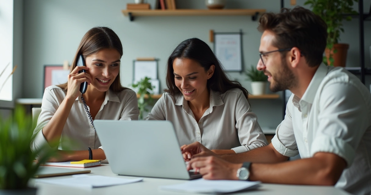 Pequena equipe de vendas reunida analisando contatos e mensagens