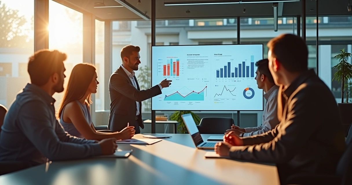 Time analisando gráficos de dados em uma sala de reunião. 