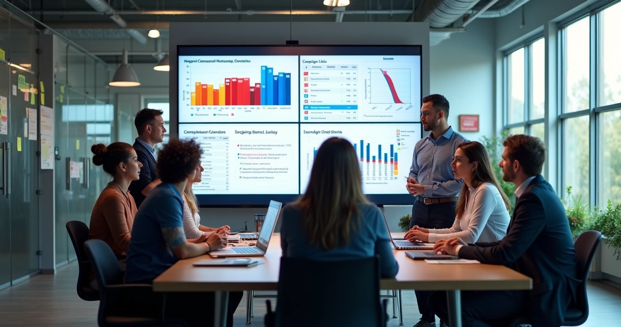 Equipe política analisando dados em uma tela grande de computador