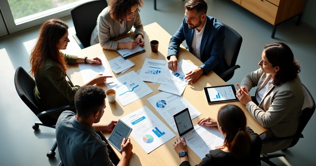 Equipe política reunida em volta de mesa discutindo ideias 