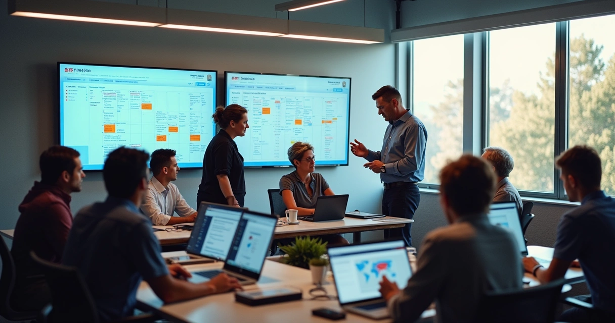 Equipe política gerenciando tarefas digitais em computadores 