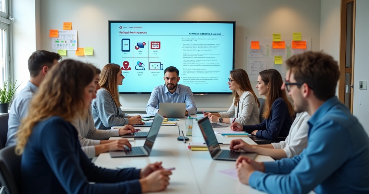 Equipe política reunida, aprendendo sobre automação de processos 