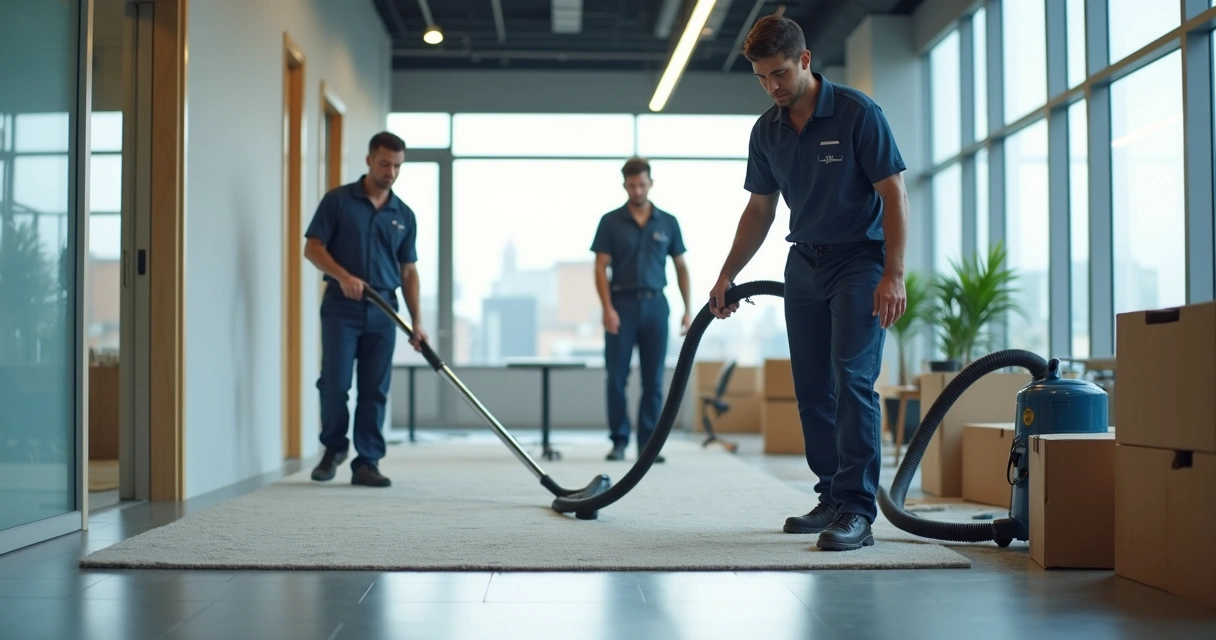 Equipe de limpeza pós-obra usando aspirador industrial em ambiente empresarial 