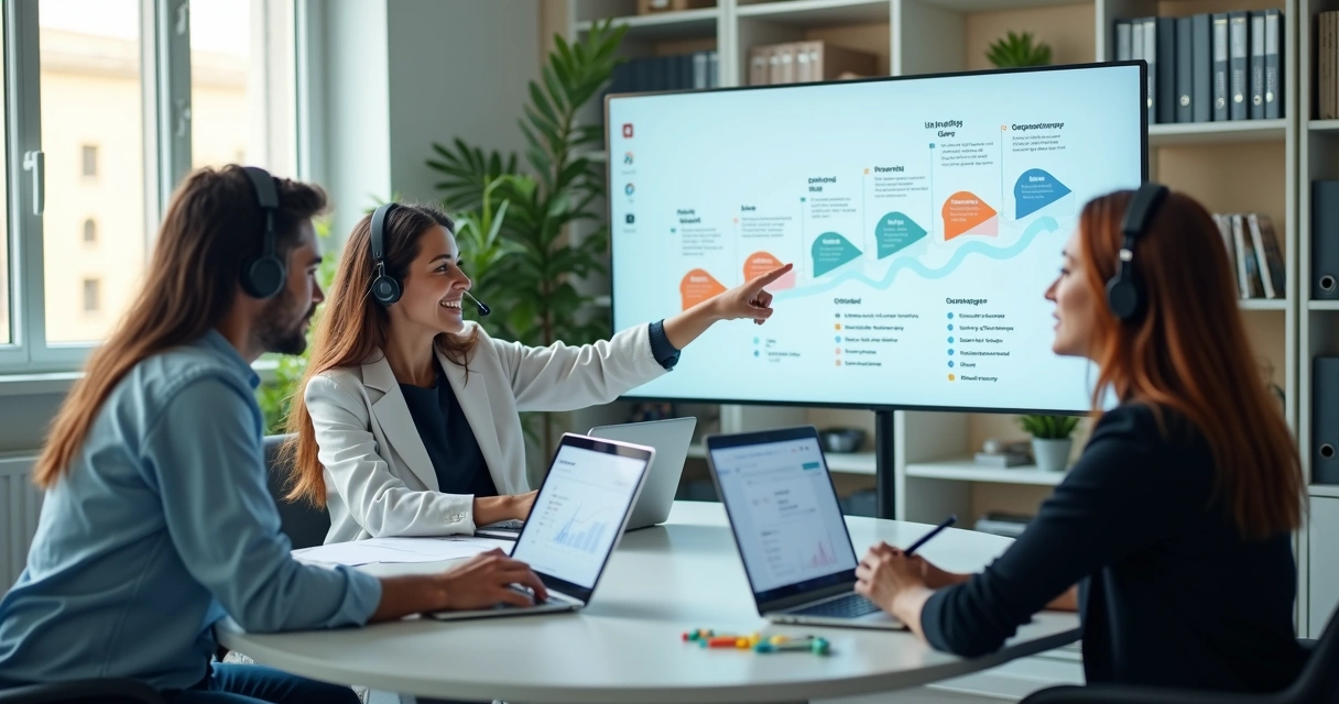 Equipe de pós-venda em call desk falando com clientes e olhando funil de retenção 