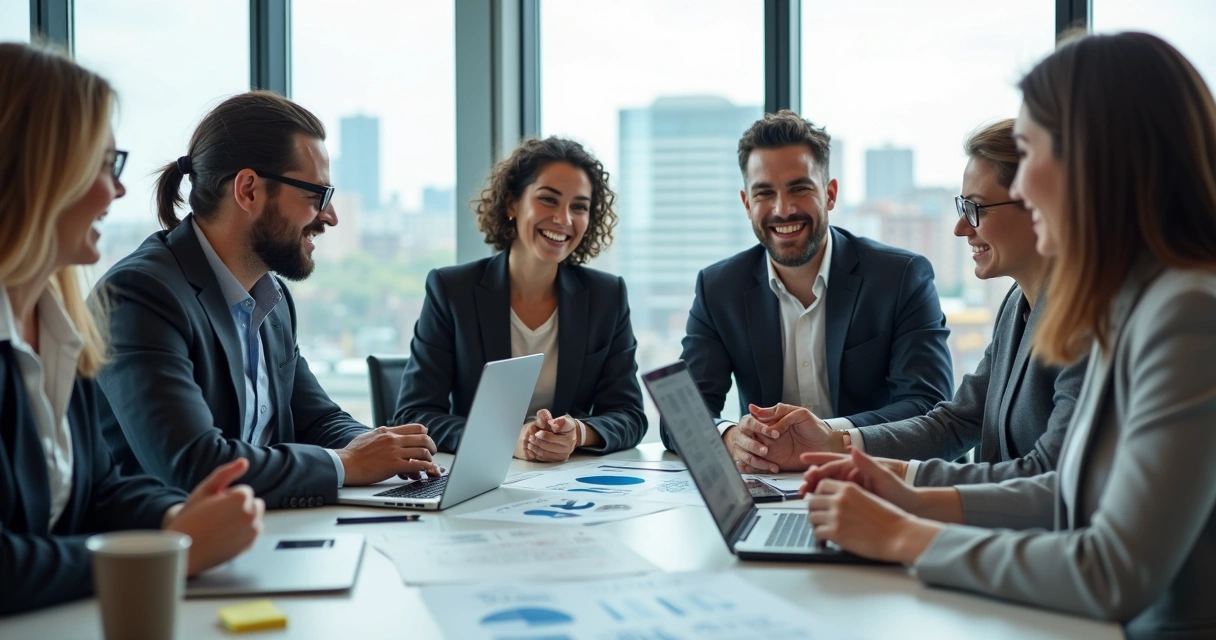 Equipe de pós-venda de uma empresa trabalhando junta na mesa de reunião 