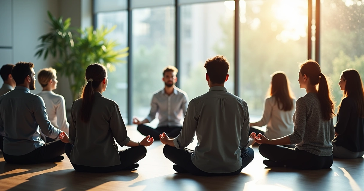Equipe corporativa praticando meditação em círculo em uma sala de vidro 