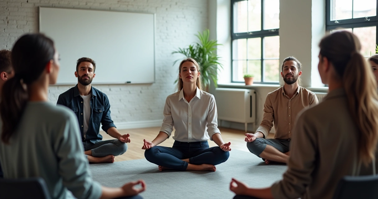 Colaboradores sentados em círculo praticando exercícios de respiração 