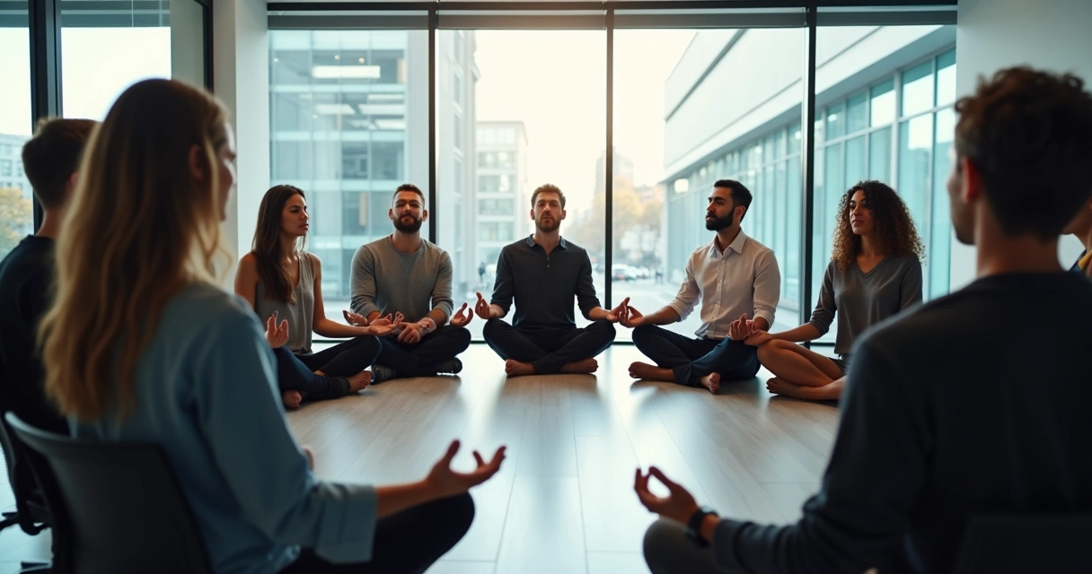Equipe praticando meditação sentada em sala de reunião corporativa 
