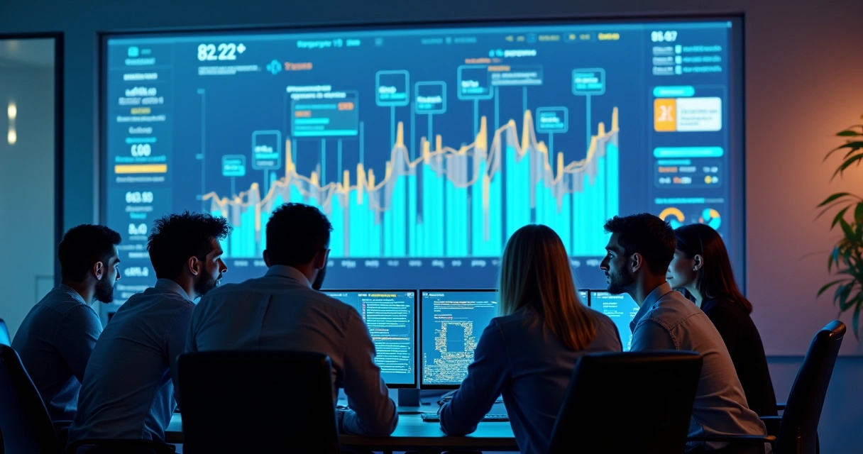 Equipe de pré-venda reunida analisando dados em uma tela com gráficos inteligentes