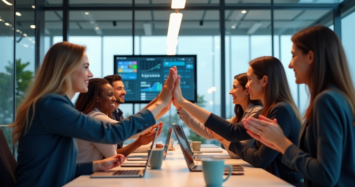 Equipe de pré-vendas comemorando aumento nas vendas em ambiente moderno 