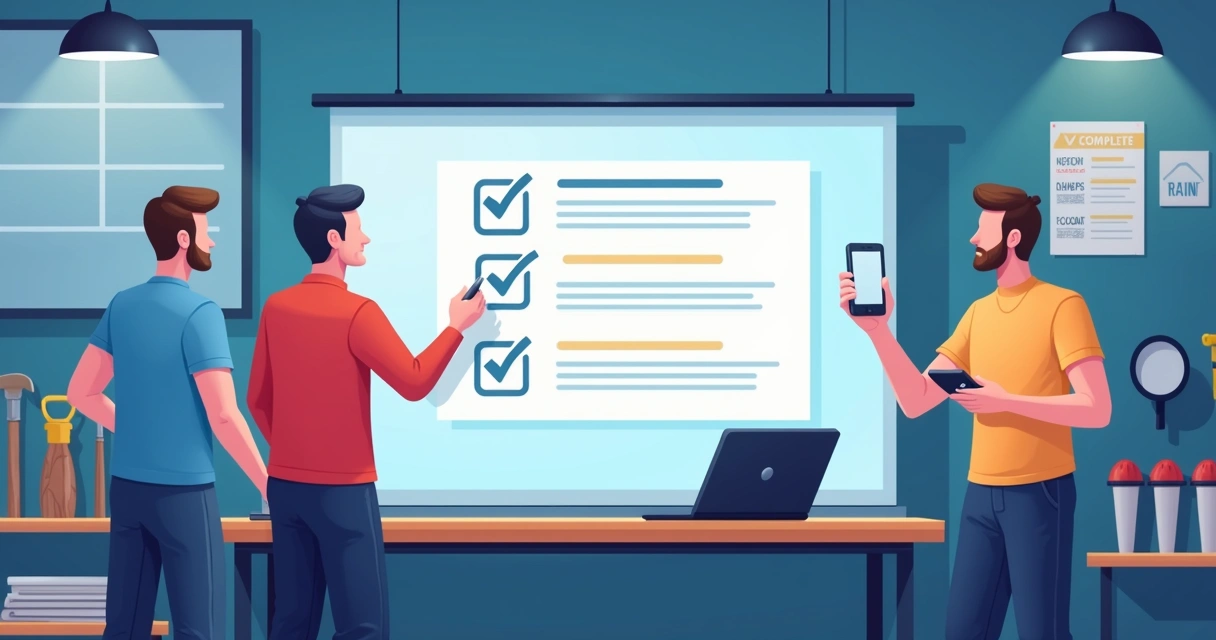 Equipe preenchendo checklist digital em ambiente de trabalho 