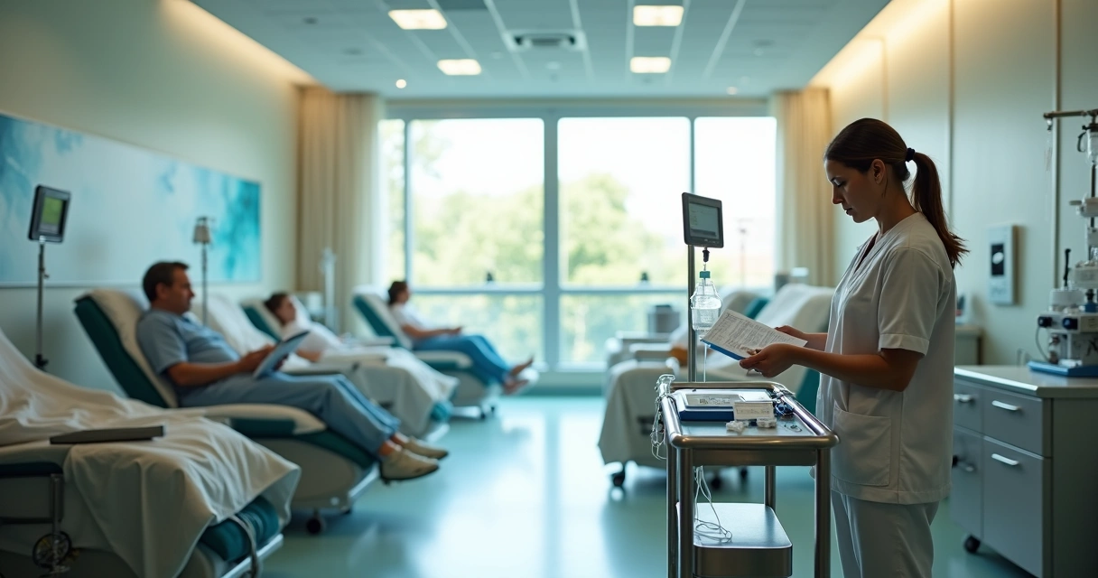 Equipe em hospital preparando bolsa de quimioterapia preventiva em ambiente acolhedor 