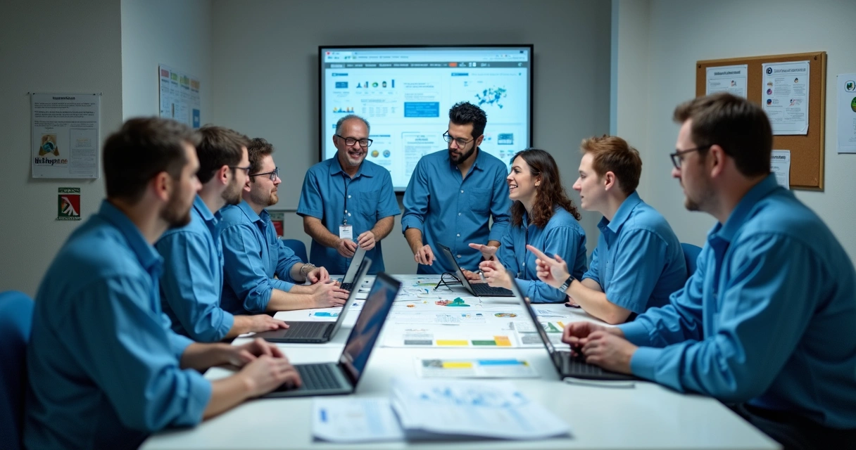 Equipe de fábrica reunida conferindo dados em computadores antes de auditoria 